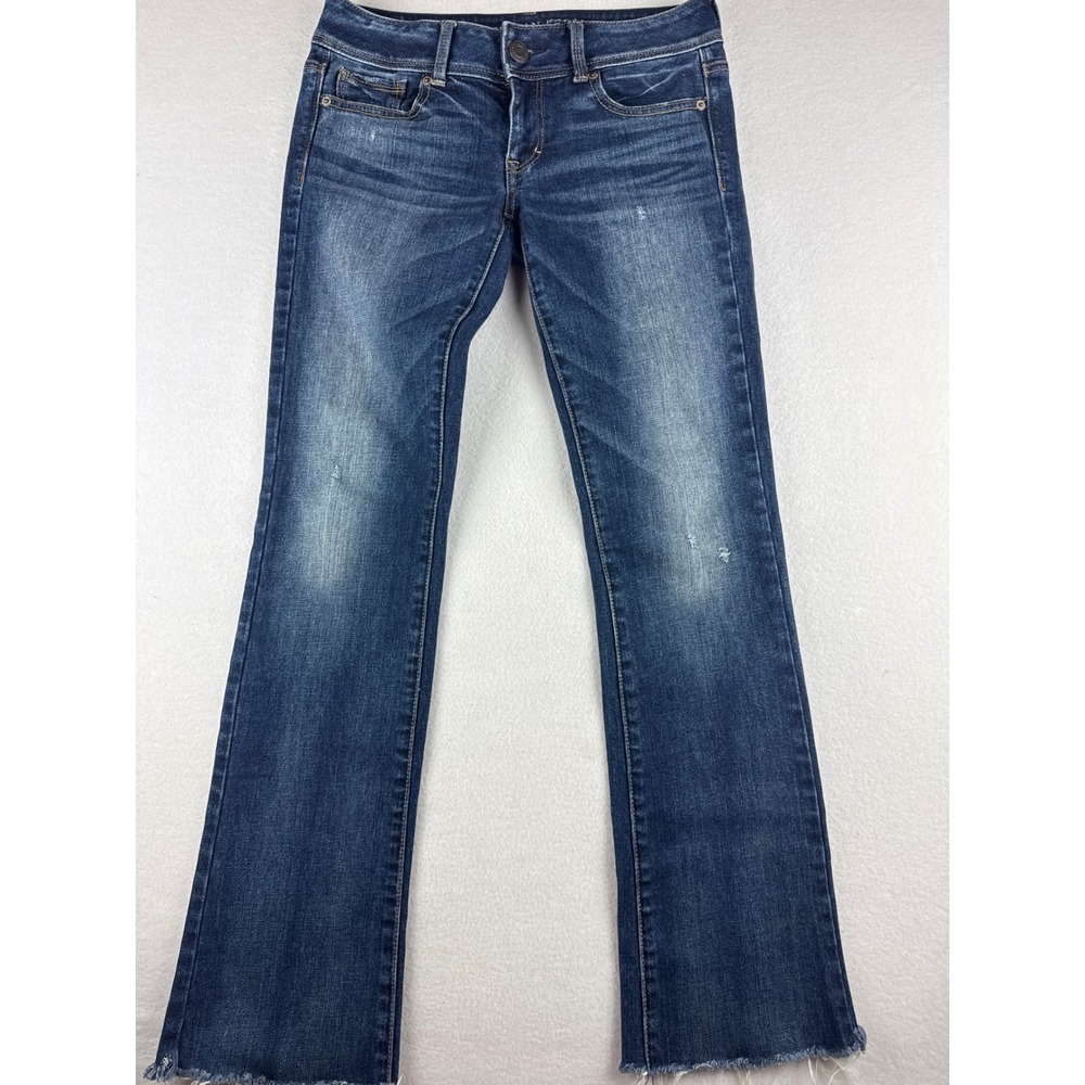 American Eagle Kick Boot Stretch Jeans Dark Wash Raw Hem 2 L Low Rise Distress